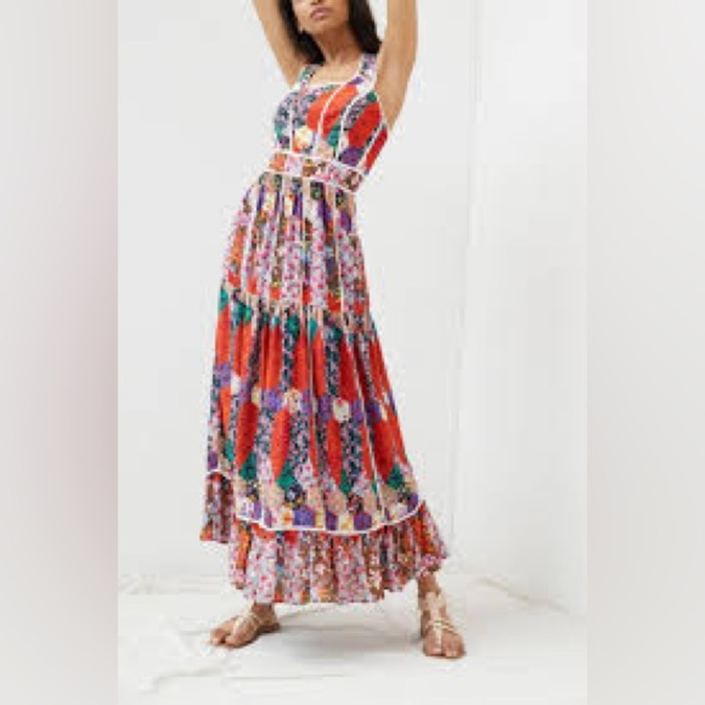 Anthropologie Floral Patchwork Tiered Cutout Maxi Dress Size 14